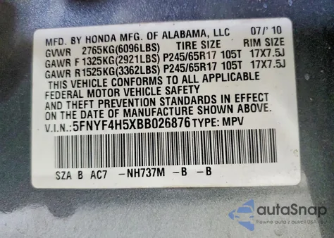 2011 Honda Pilot Exl from USA, damaged, VIN 5FNYF4H5XBB026876